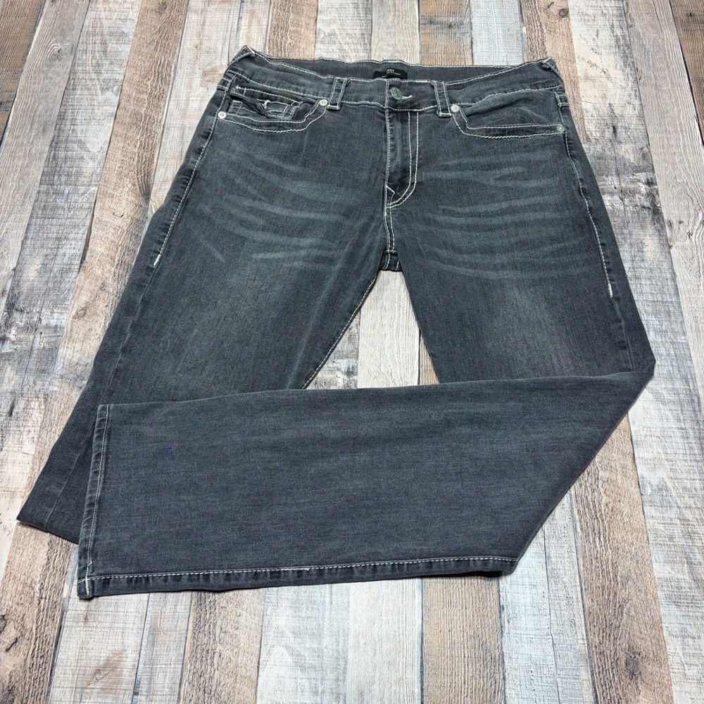 True Religion Ricky Relaxed Straight Mens 36x34 Gray Contrast Stitch Jeans